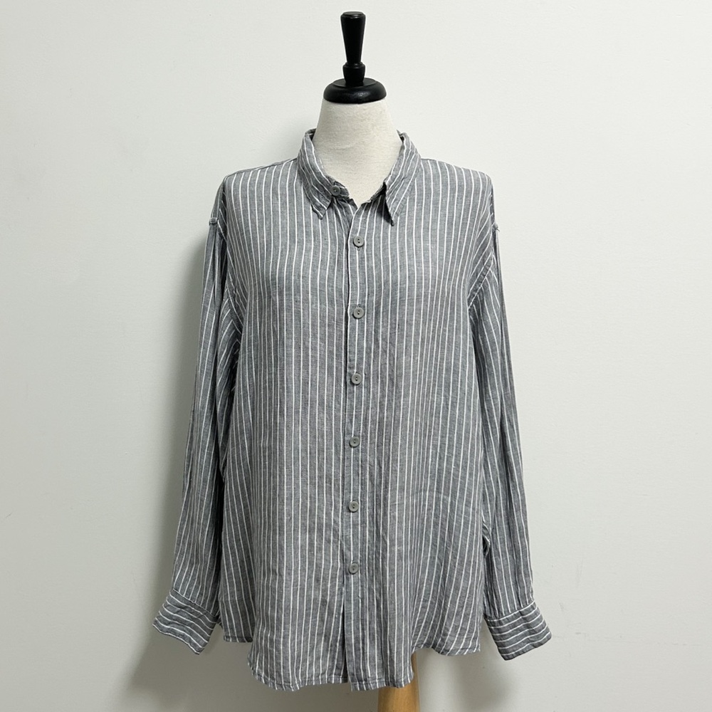FLAX Gray White Stripe Button Up Collared Relaxed Fit Hi Lo Linen Tunic Large